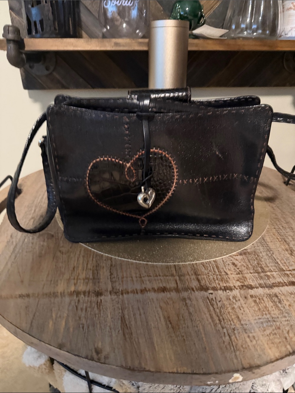 Brighton Black Crossbody Bag with Brown Heart Stitching